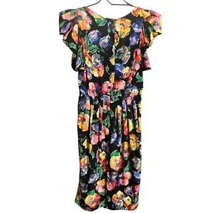 80s Mini Dress M 6-8 Black Bright Floral Puff Sleeve Flowy Pleated VTG